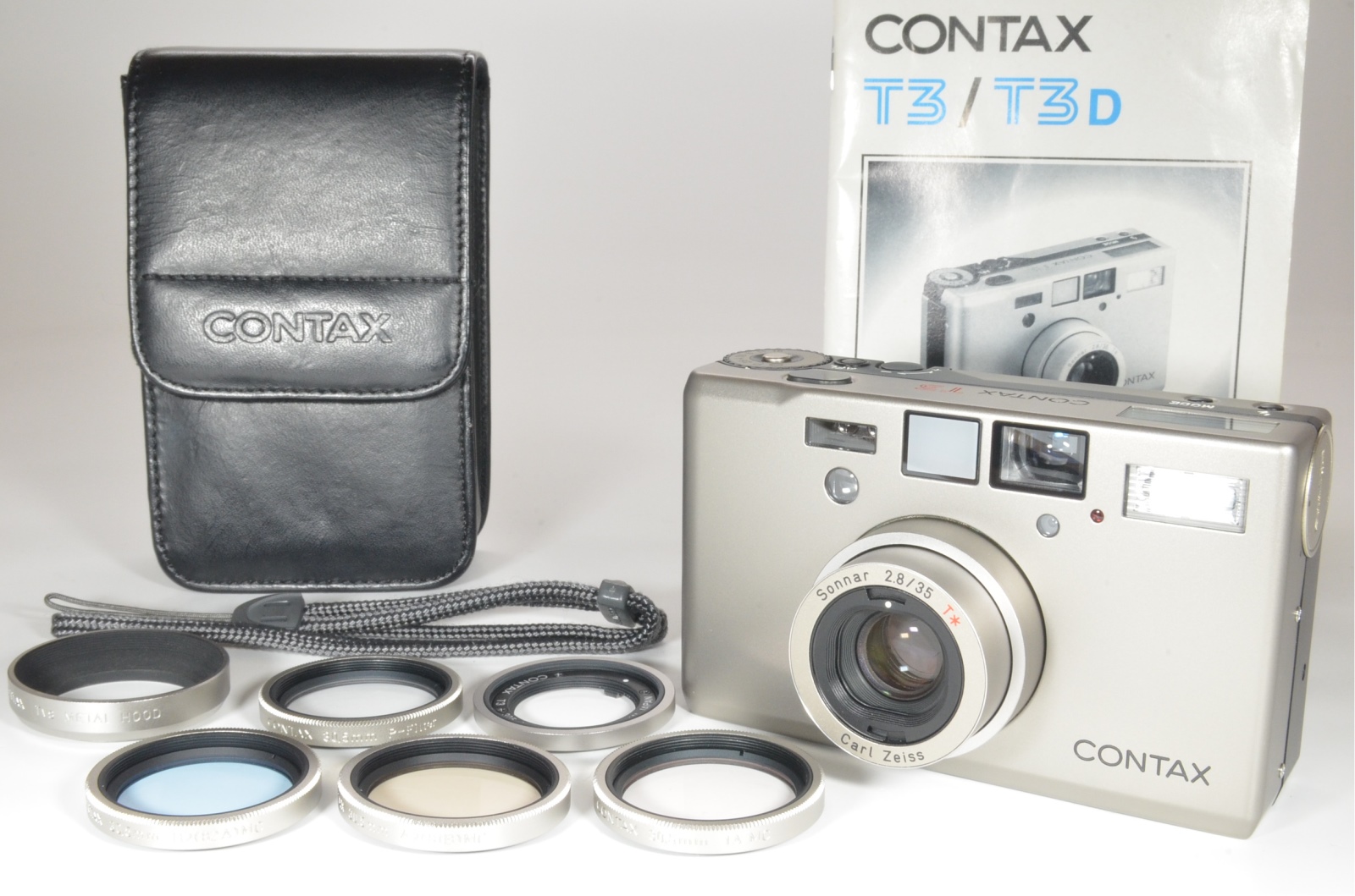 CONTAX T3 P&S 35mm Film Camera with Hood and 4 Lens Filters #a0869 