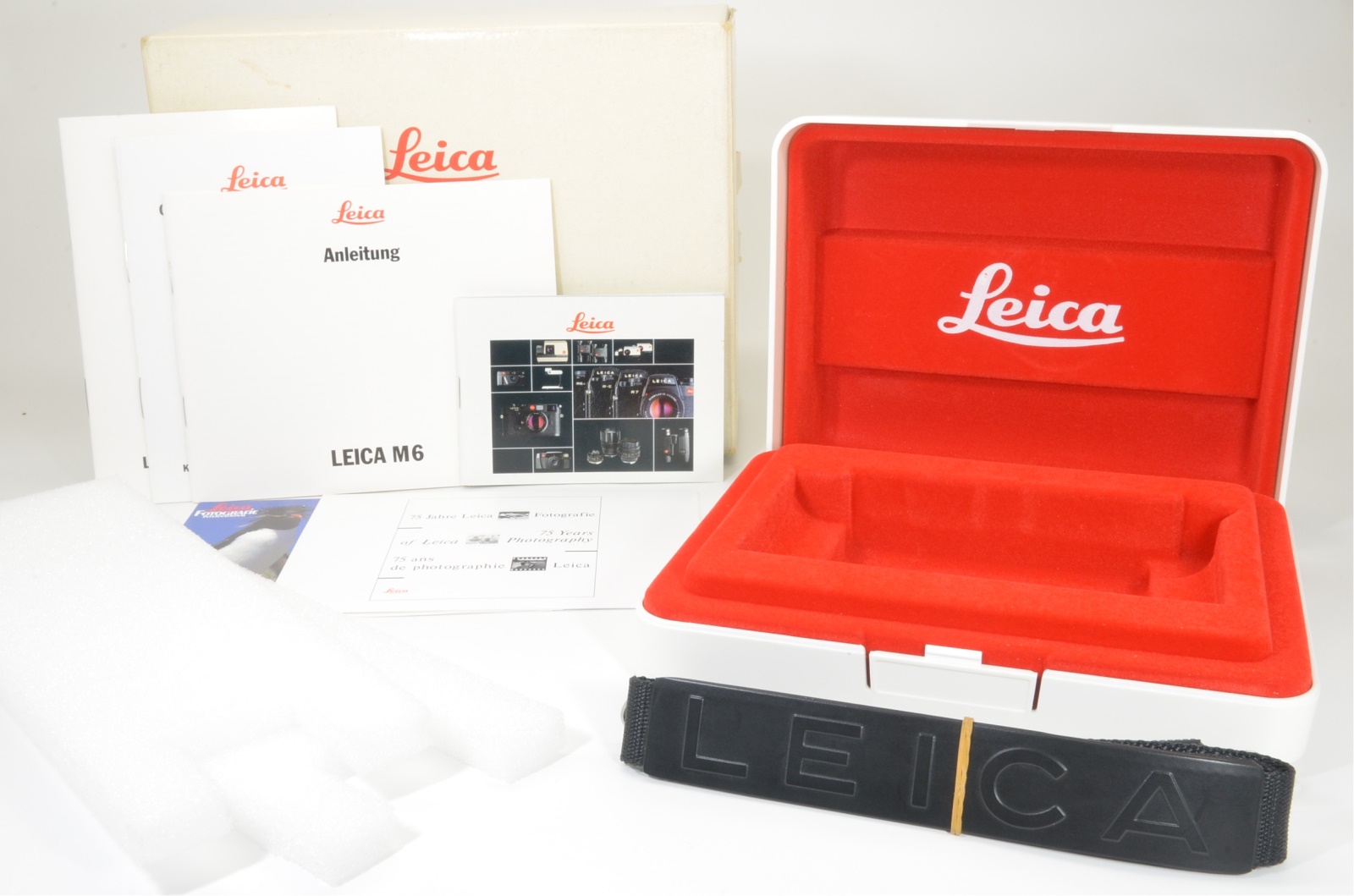 leica m6 empty box 10414, plastic case, strap, and documents from japan